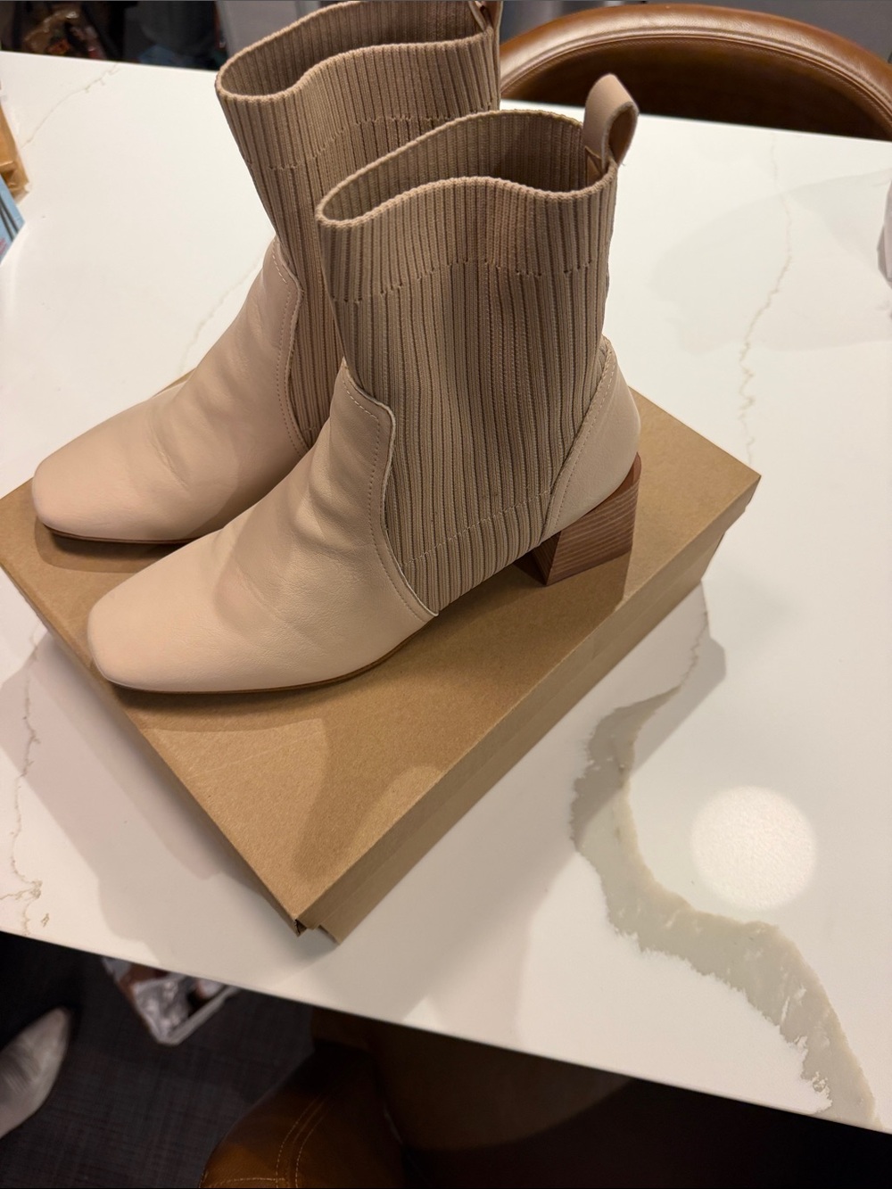 Neutral Knit-Shaft Ankle Boots with Block Heel